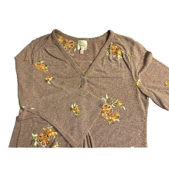 Fig and Flower Embroidered Floral Heather Brown Blouse Sweater Size XL Waist Tie - Picture 1 of 5